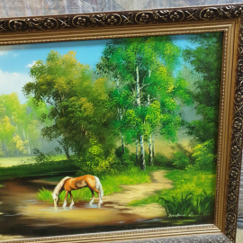 Картина "Лошадь у воды", масло на фанере, А. Лычковская, размер полотна 88х50 см. Скол на рамке. Картинка 10